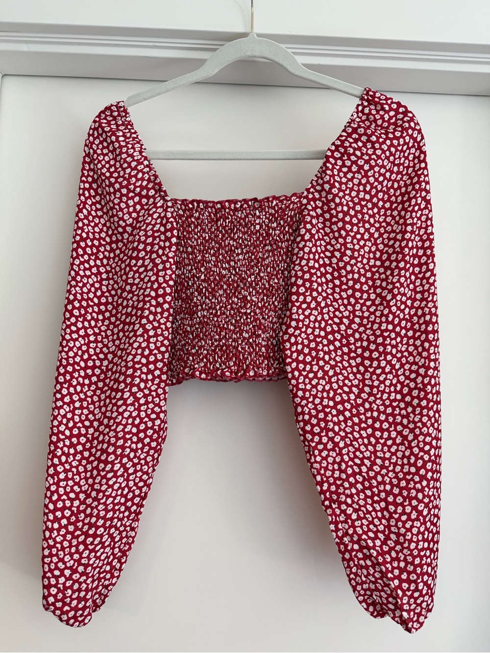 RESA Red Smocked Puff-Sleeve Crop Top with White Spot Print